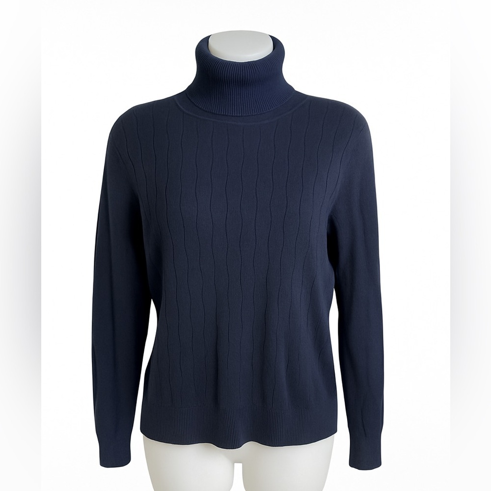Linda Matthews Navy Cable Knit Turtleneck Sweater - Women's M